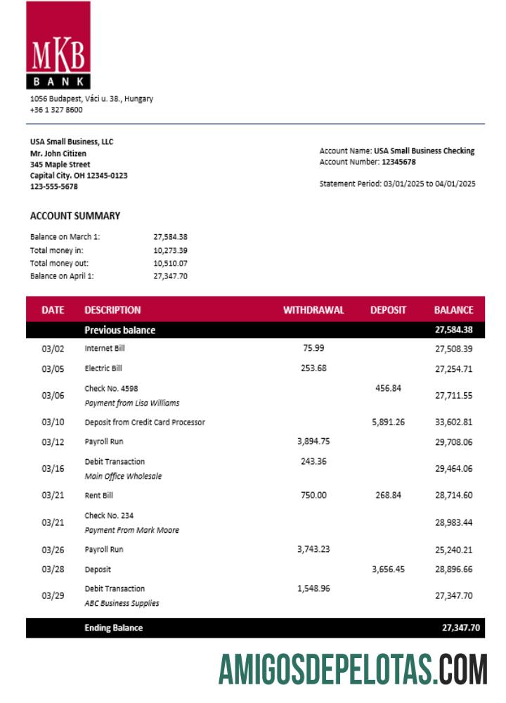 Baixável Hungria MKB Bank Business modelo de extrato de conta Word e PDF